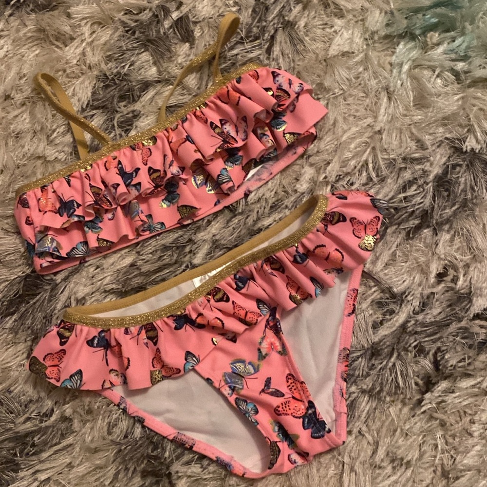 💖 ~Adorable Little Girl Pink, Ruffle, Butterfly Bikini! Size 4-6! H&M Brand!~💖